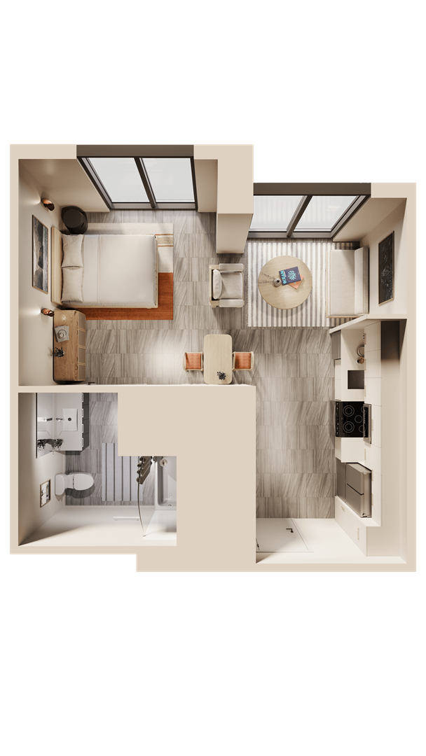 A split image of a room with a bed and a kitchen area.